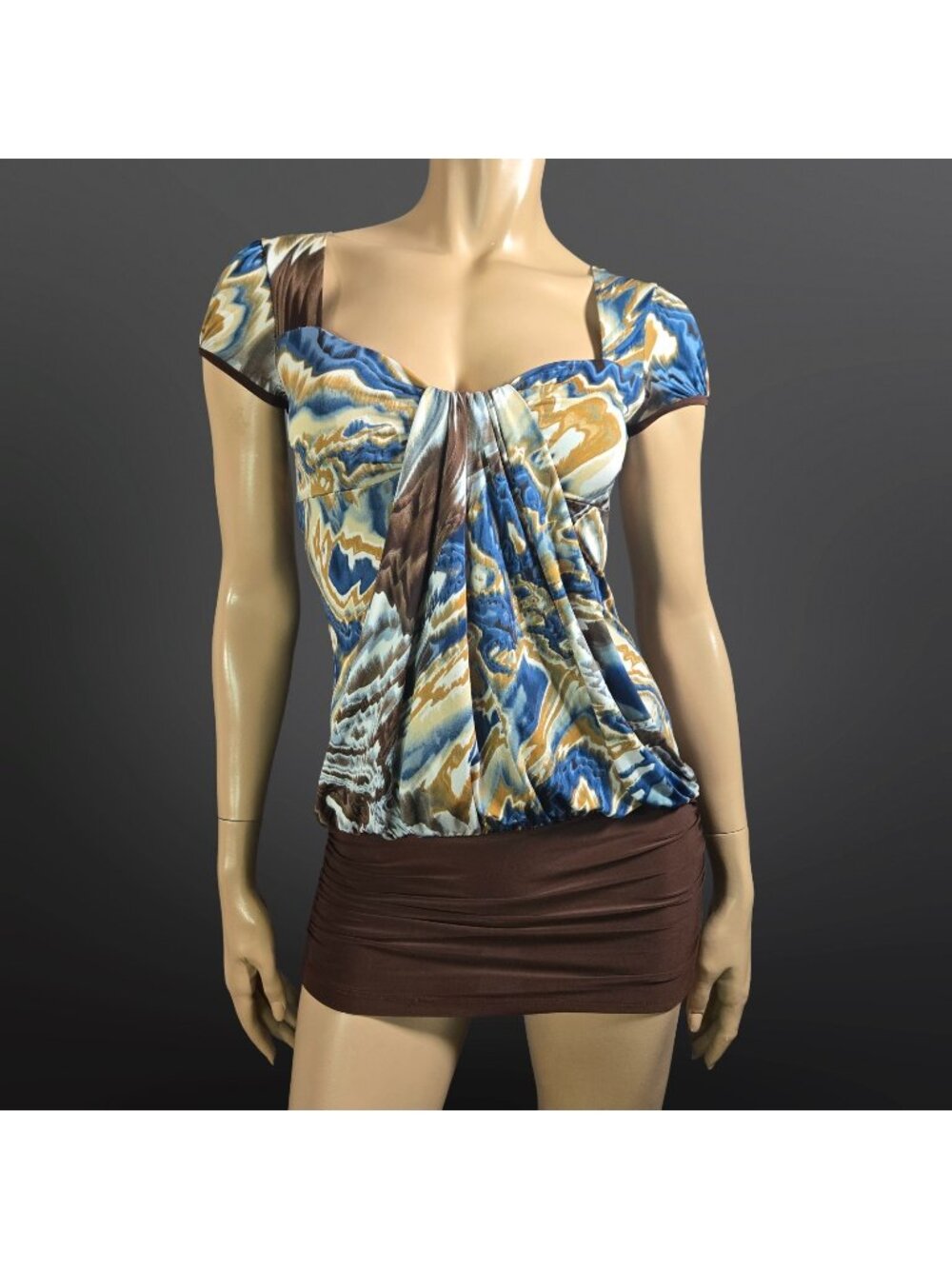 Y2K Micro Mini Bubble Dress Draped Tunic Size XS Brown Blue Print Cap Sleeves